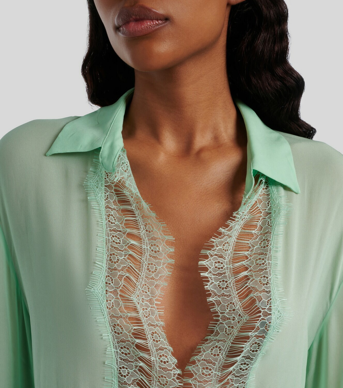 Blumarine Lace-trimmed sheer georgette shirt