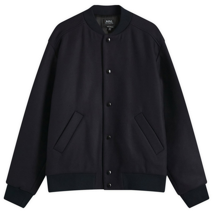 Photo: A.P.C. Men's Micky Logo Varsity Jacket in Dark Navy