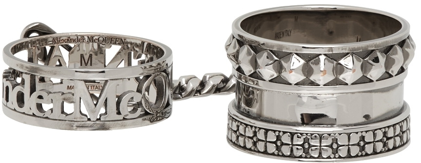 Alexander McQueen Silver Chained Double Rings Alexander McQueen