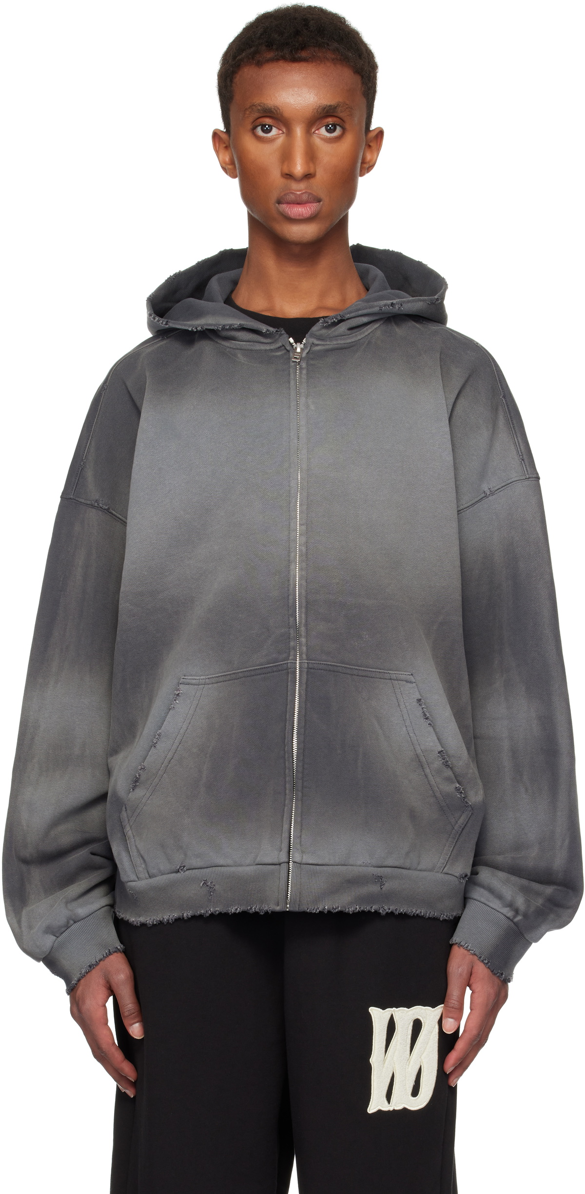 【WE11DONE】 Pierced Zip-Up Hoodie Charcoal Gray Distressed Zip-up Hoodie by We11done on Sale
