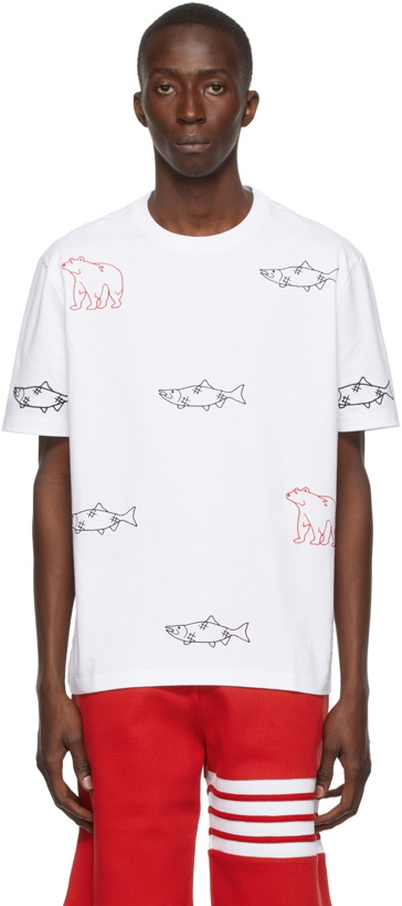 Photo: Thom Browne White Bear & Salmon Half Drop Embroidery T-Shirt