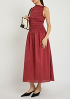 Faithfull The Brand Margot Shirred Cotton Midi Dress Dark Pink