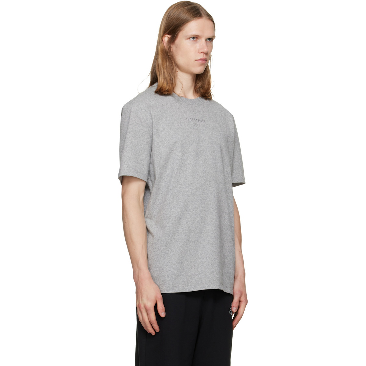 BALMAIN Gray Embroidered 'Balmain Paris' T-shirt