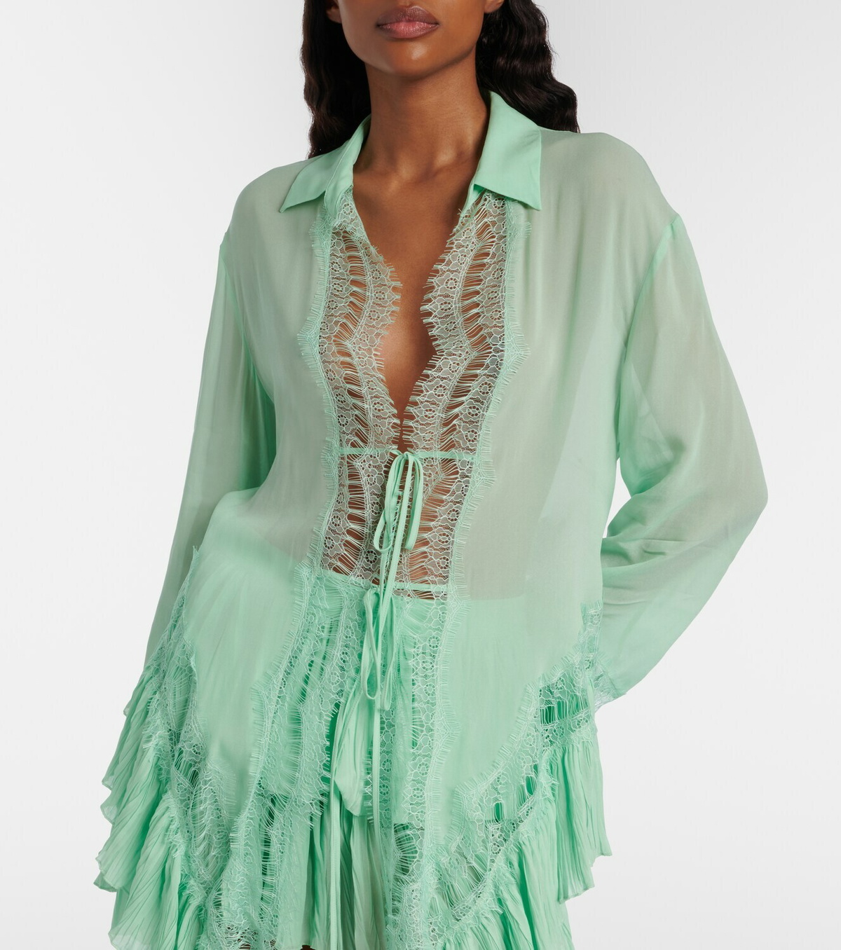 Blumarine Lace-trimmed sheer georgette shirt