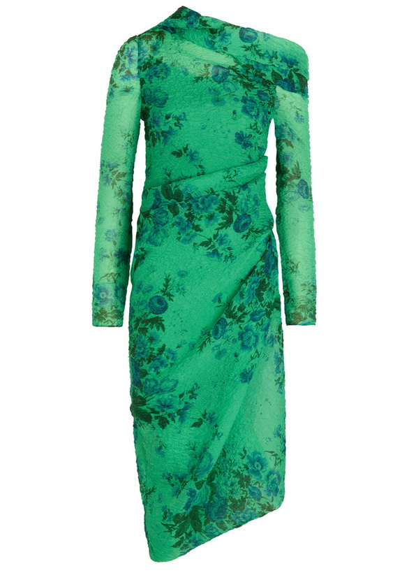Photo: Erdem Floral Draped Cloqué Midi Dress Green