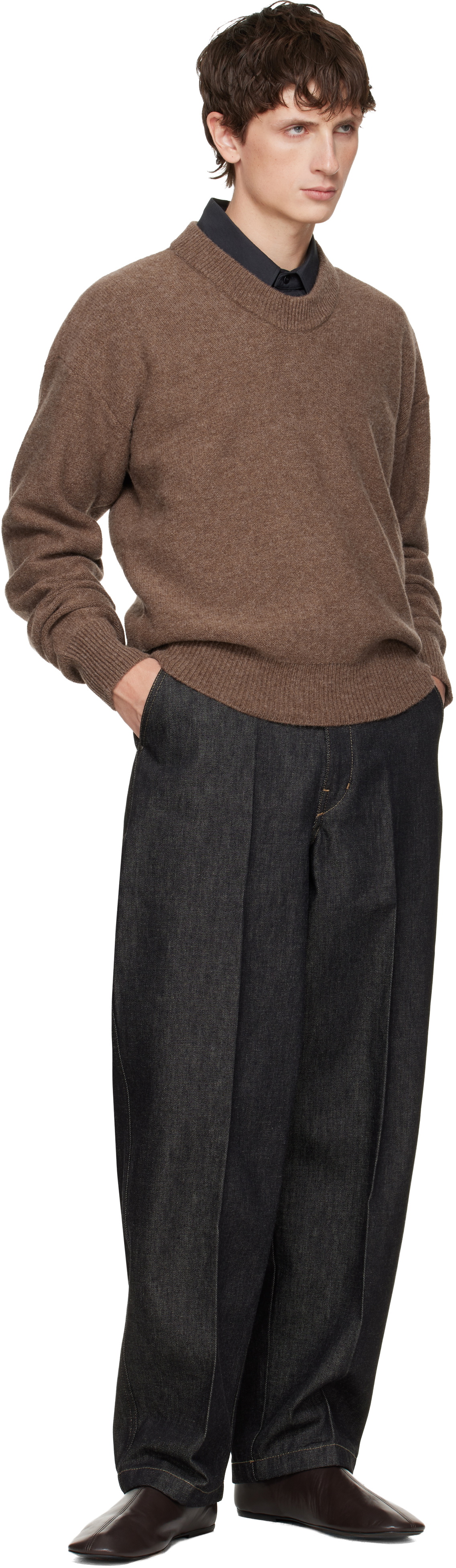 LEMAIRE Brown Boxy V Neck Sweater