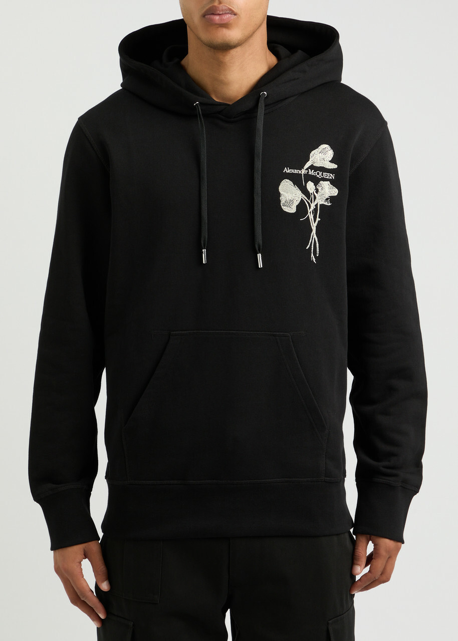 Alexander Mcqueen Floral-embroidered Hooded Cotton Sweatshirt Black