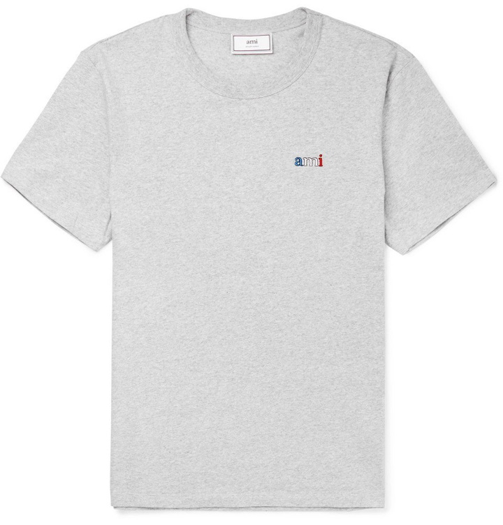 Photo: AMI - Logo-Embroidered Mélange Cotton-Jersey T-Shirt - Men - Gray
