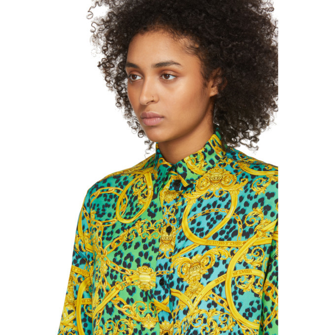 Versace Jeans Couture Green Leopard Barocco Print Shirt