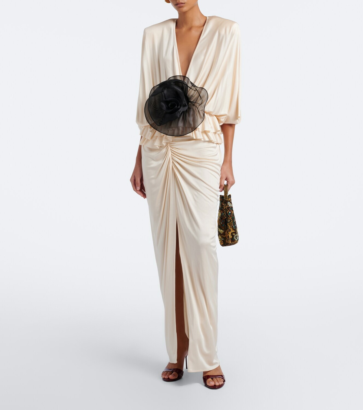 Jacques Wei Floral-appliqué gathered satin maxi dress
