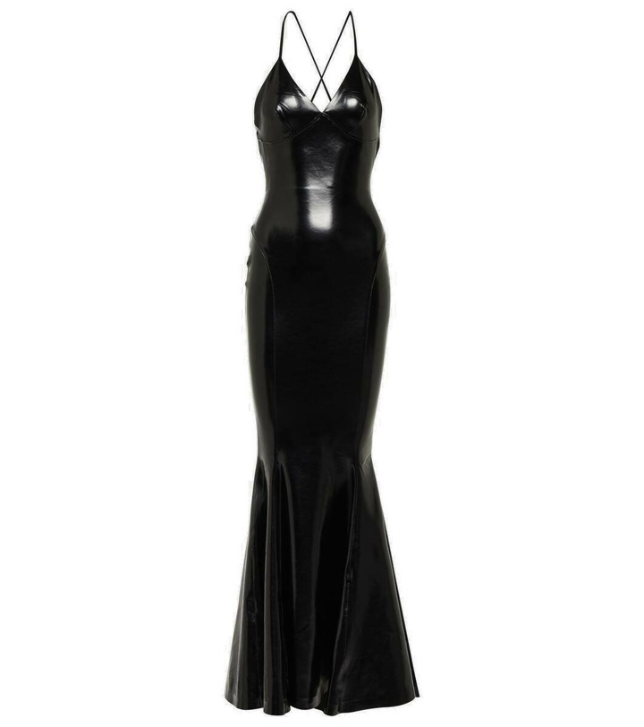 Photo: Norma Kamali Open-back faux patent leather maxi dress