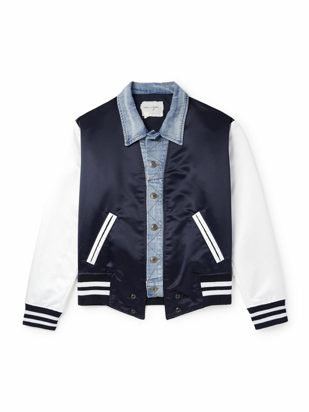 Photo: Greg Lauren - Slim-Fit Denim-Trimmed Satin Varsity Jacket - Blue