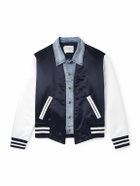 Greg Lauren - Slim-Fit Denim-Trimmed Satin Varsity Jacket - Blue