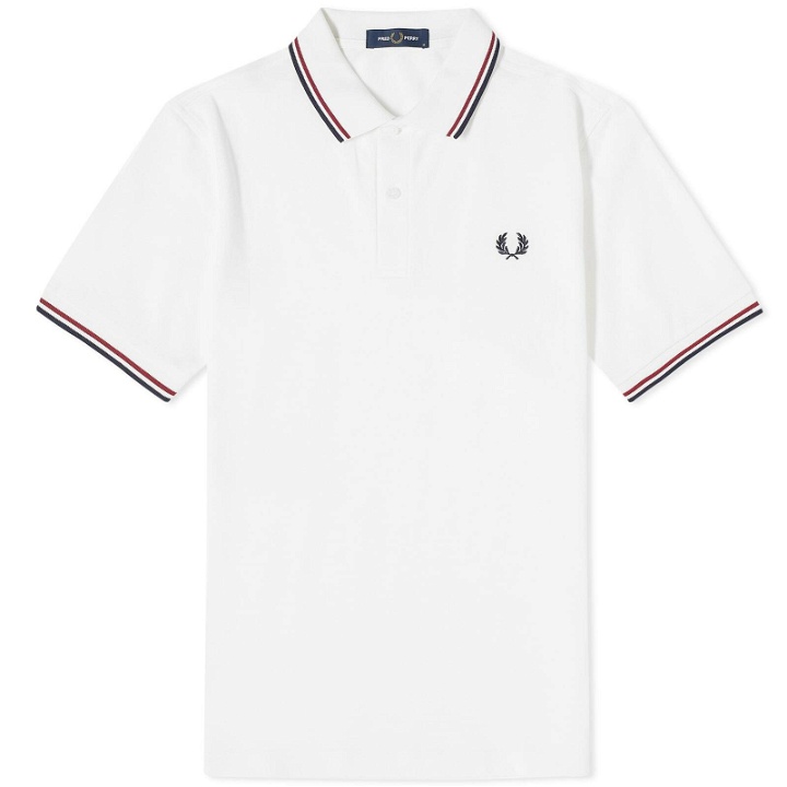 Photo: Fred Perry Men's Slim Fit Twin Tipped Polo Shirt in Snow White/Burnt Red/Navy