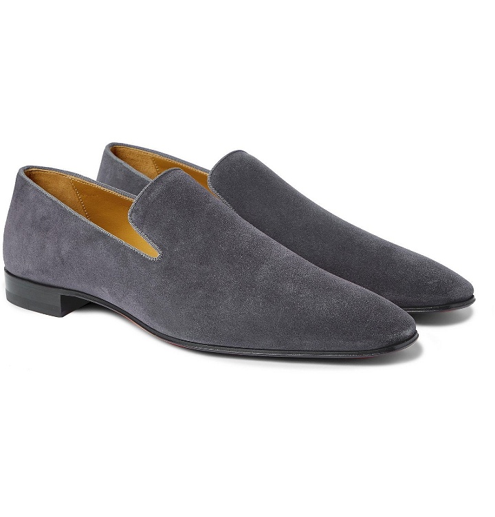 Photo: CHRISTIAN LOUBOUTIN - Dandelion Grosgrain-Trimmed Suede Loafers - Gray