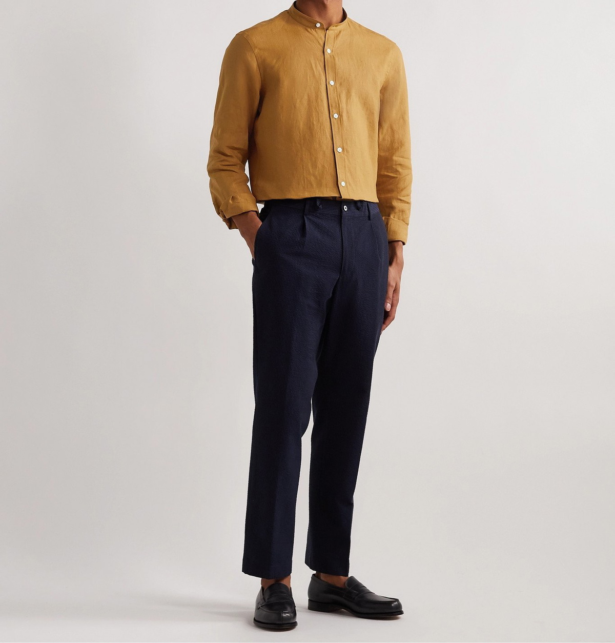 Beams F - Grandad-Collar Linen Shirt - Brown