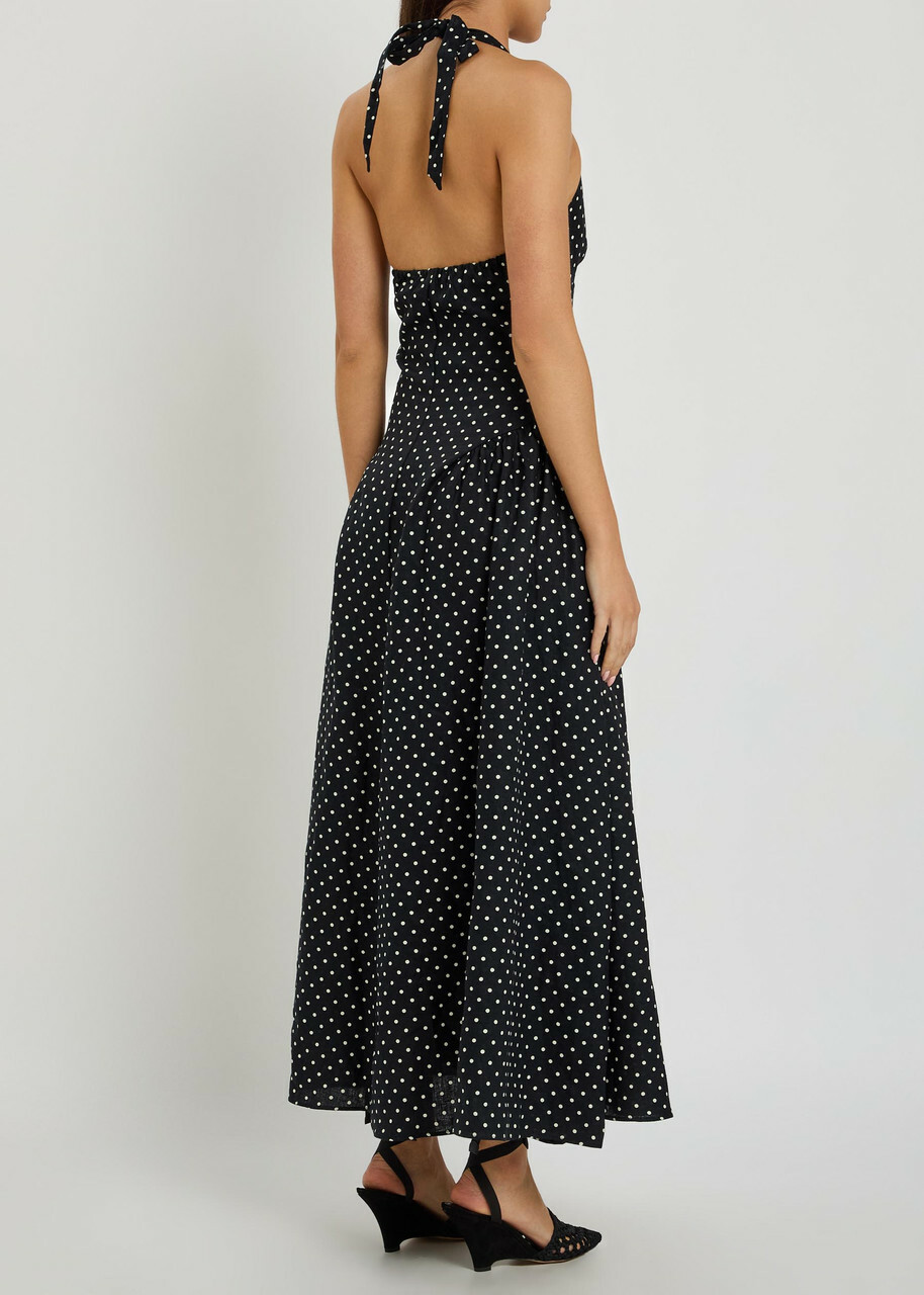 Faithfull The Brand La Cala Polka dot Linen Midi Dress Black And White
