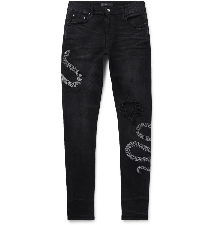 Photo: AMIRI - Skinny-Fit Appliquéd Distressed Stretch-Denim Jeans - Men - Black