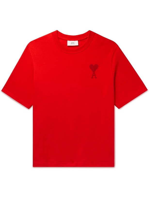 Photo: AMI PARIS - Logo-Embroidered Cotton-Jersey T-Shirt - Red