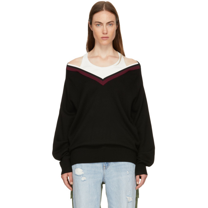 T by Alexander Wang Black Varsity Trim V-Neck Sweater T by