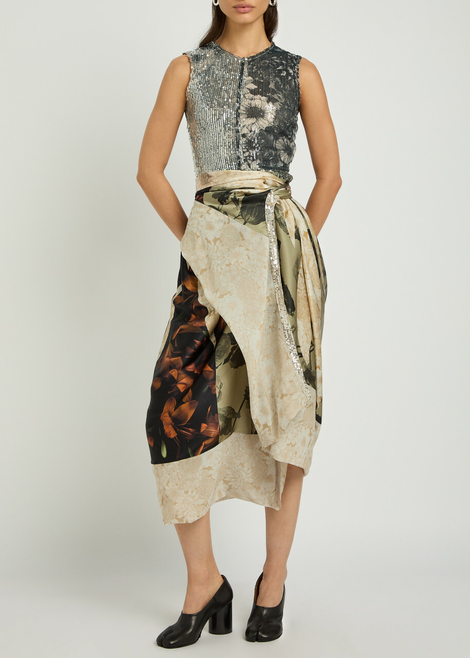 Maison Margiela Floral-print Asymmetric Silk Midi Wrap Skirt Brown