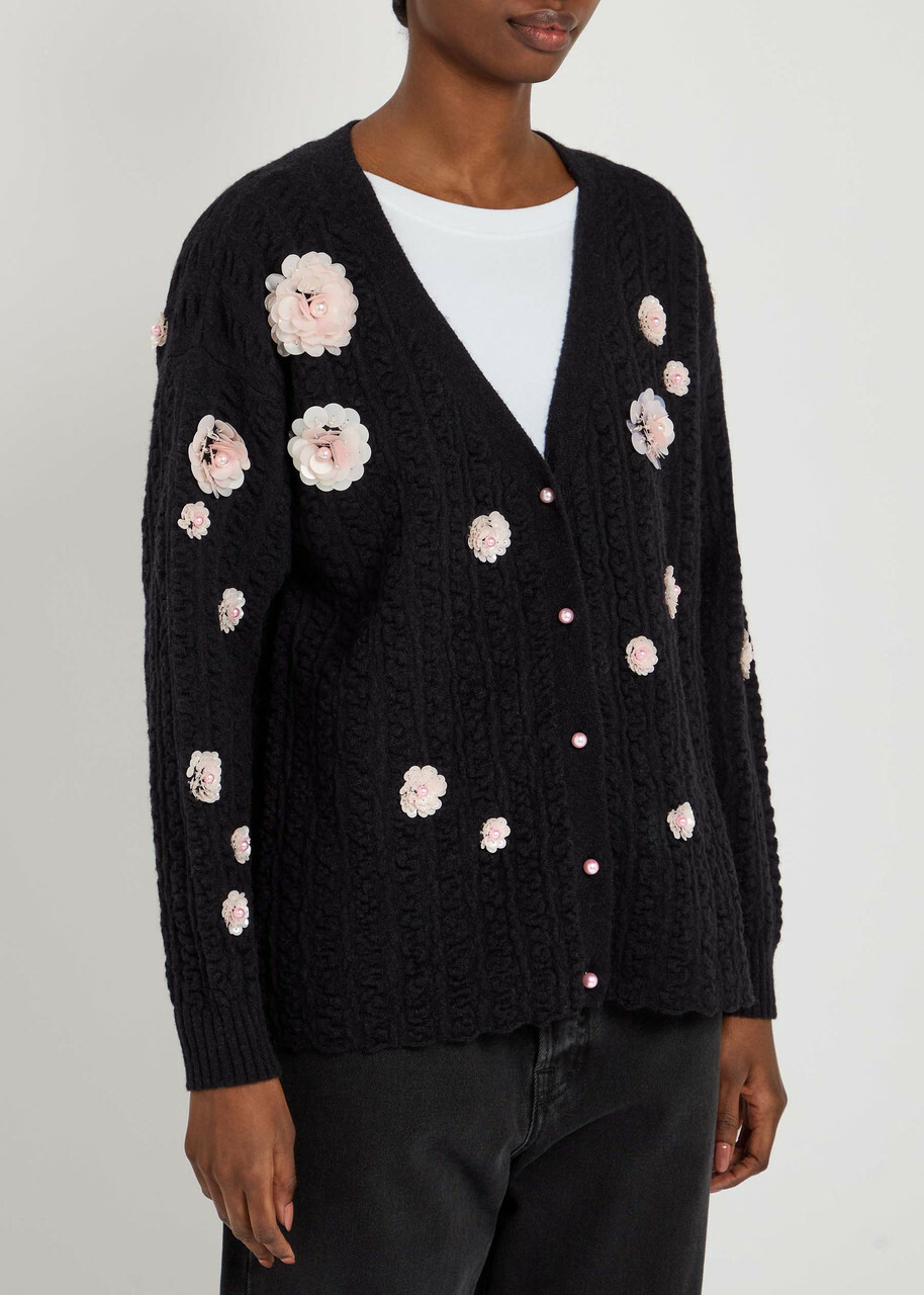 Bernadette Cammi Floral-embellished Wool-blend Cardigan Black
