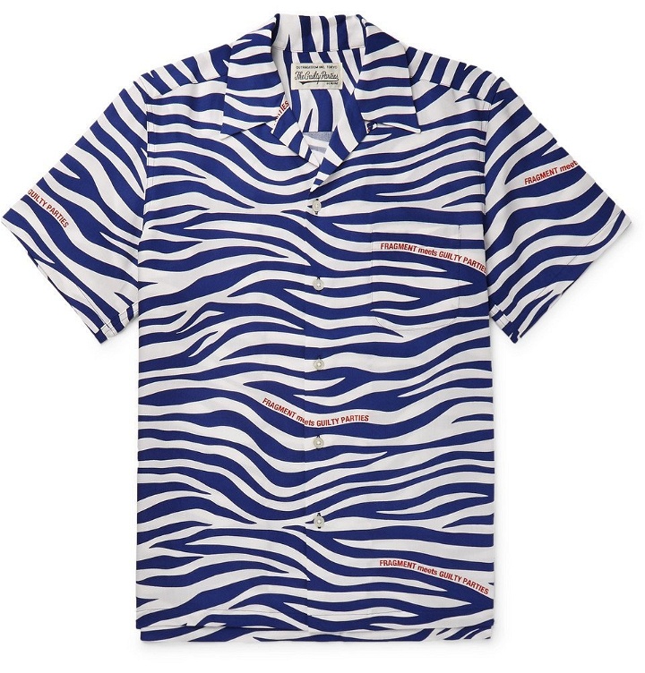 Photo: Wacko Maria - Fragment Camp-Collar Zebra-Print Lyocell Shirt - Blue