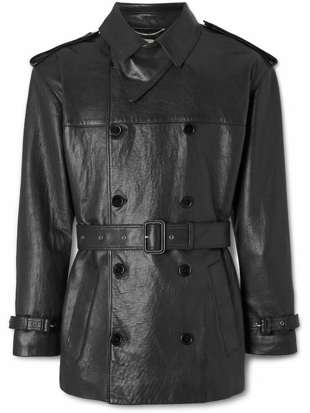 Photo: SAINT LAURENT - Double-Breasted Leather Trench Coat - Black