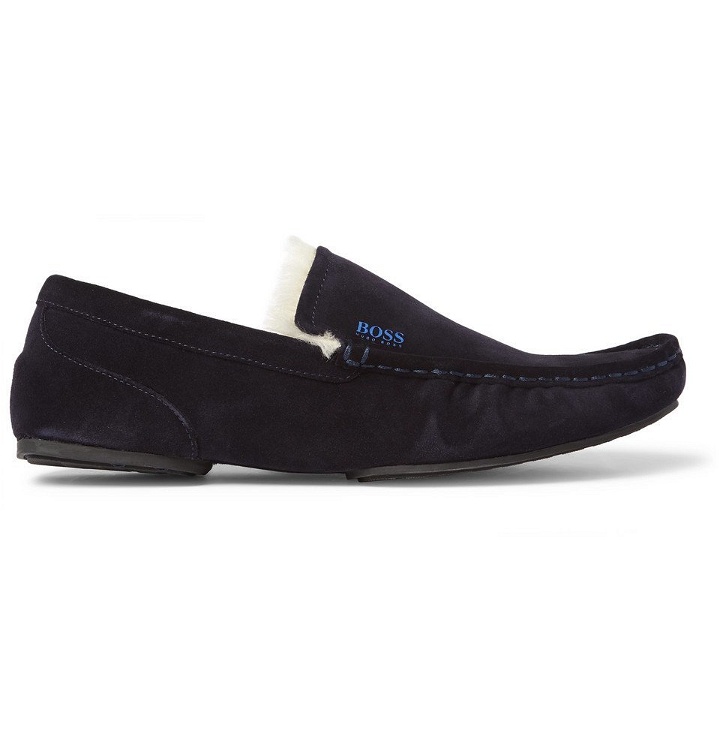 Photo: Hugo Boss - Faux Shearling-Lined Suede Slippers - Navy