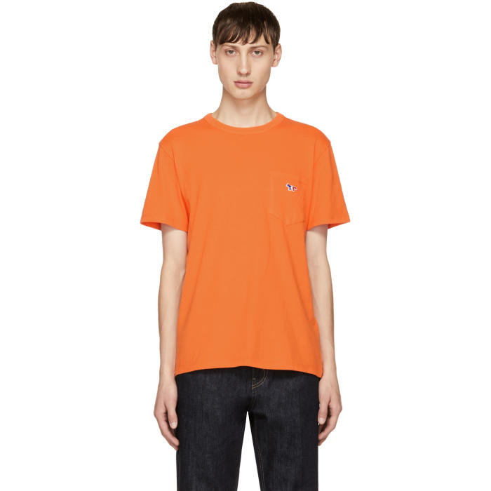 Photo: Maison KitsunÃ© SSENSE Exclusive Orange Tricolor Fox Patch Pocket T-Shirt