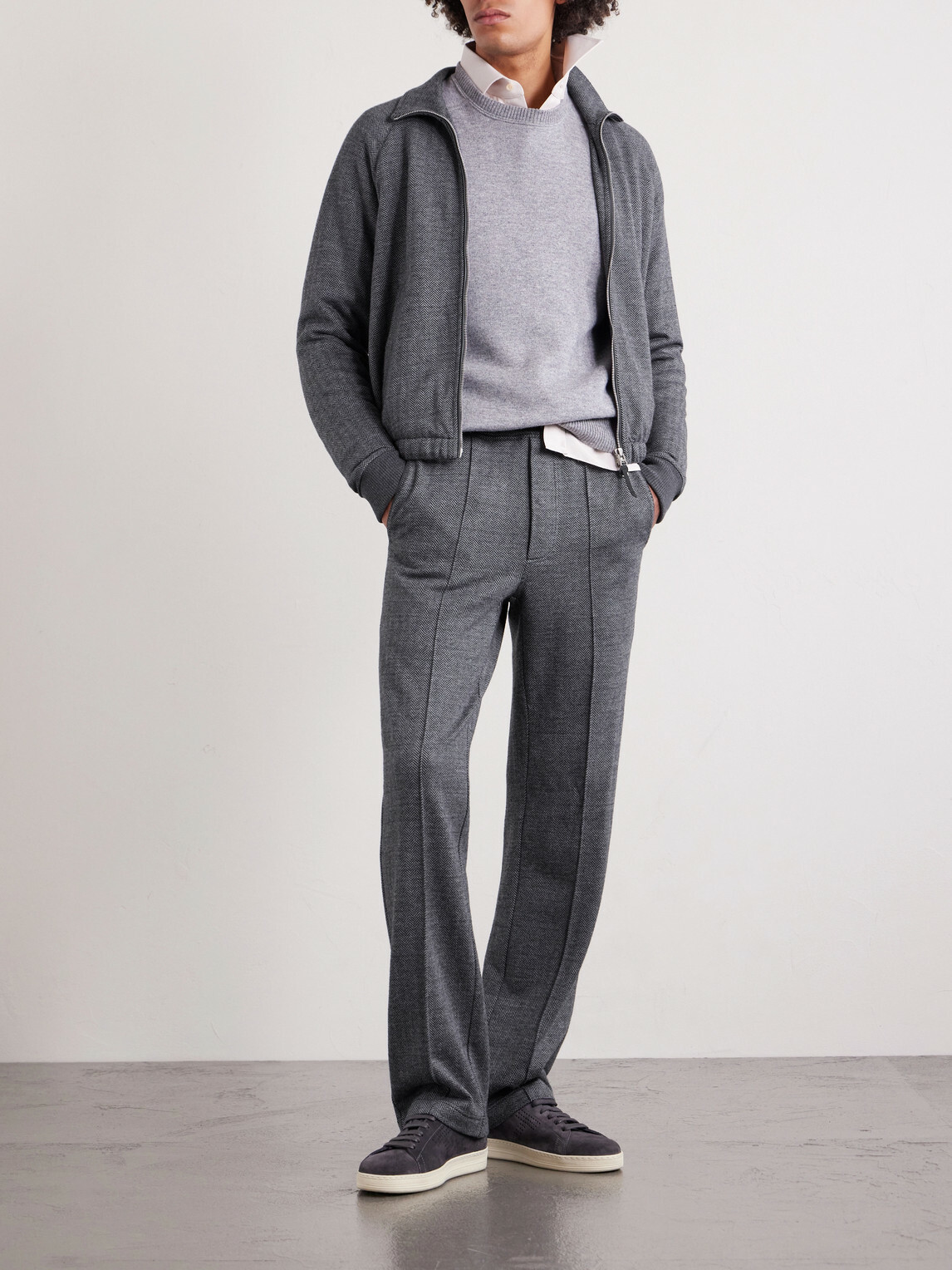 TOM FORD - Straight-Leg Herringbone Cotton, Wool and Silk-Blend Drawstring Trousers - Gray
