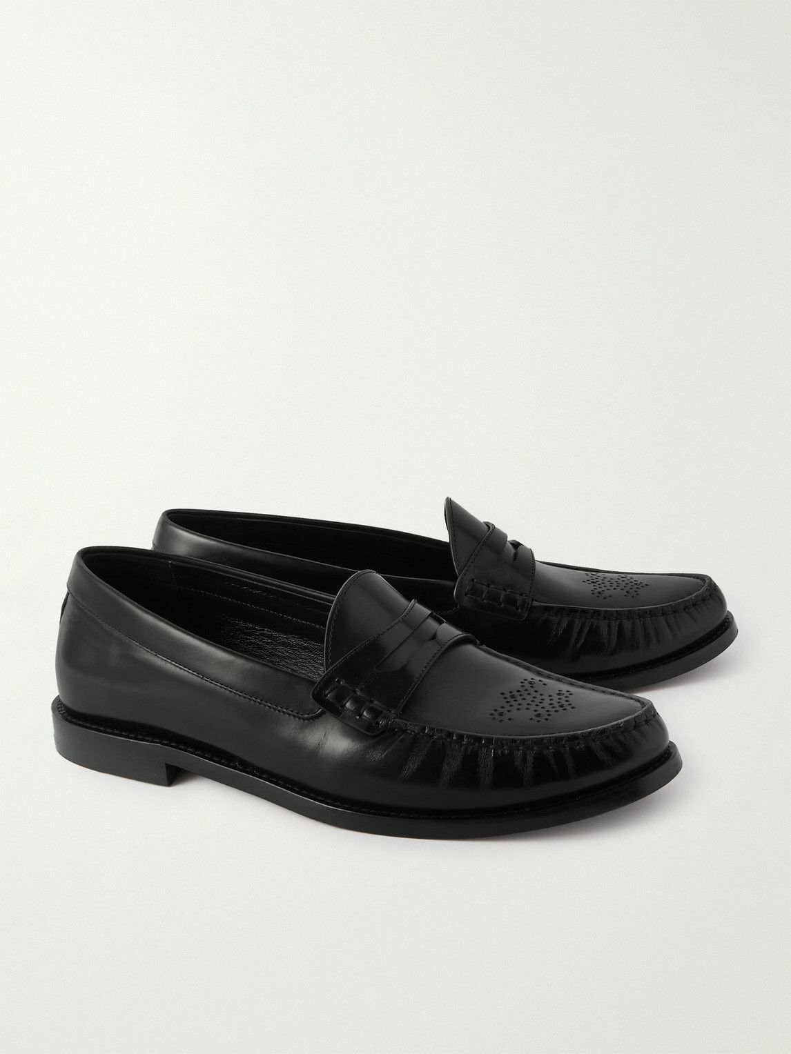 CELINE - Vivienne Perforated Glossed-Leather Penny Loafers - Black