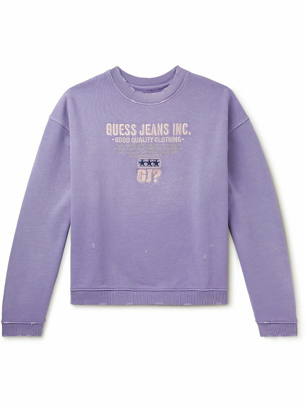 Photo: Guess USA - Logo-Embroidered Distressed Cotton-Jersey Sweatshirt - Purple