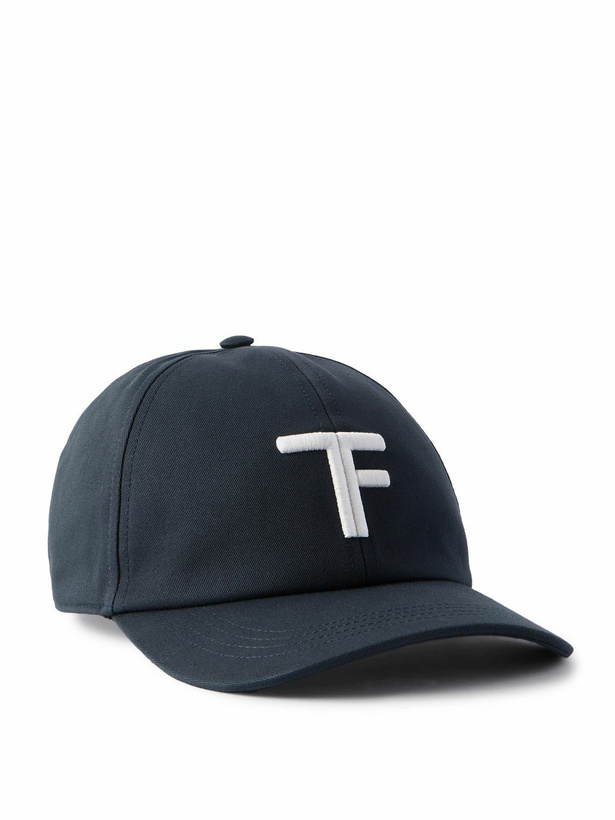 Photo: TOM FORD - Logo-Embroidered Leather-Trimmed Cotton-Twill Baseball Cap - Blue