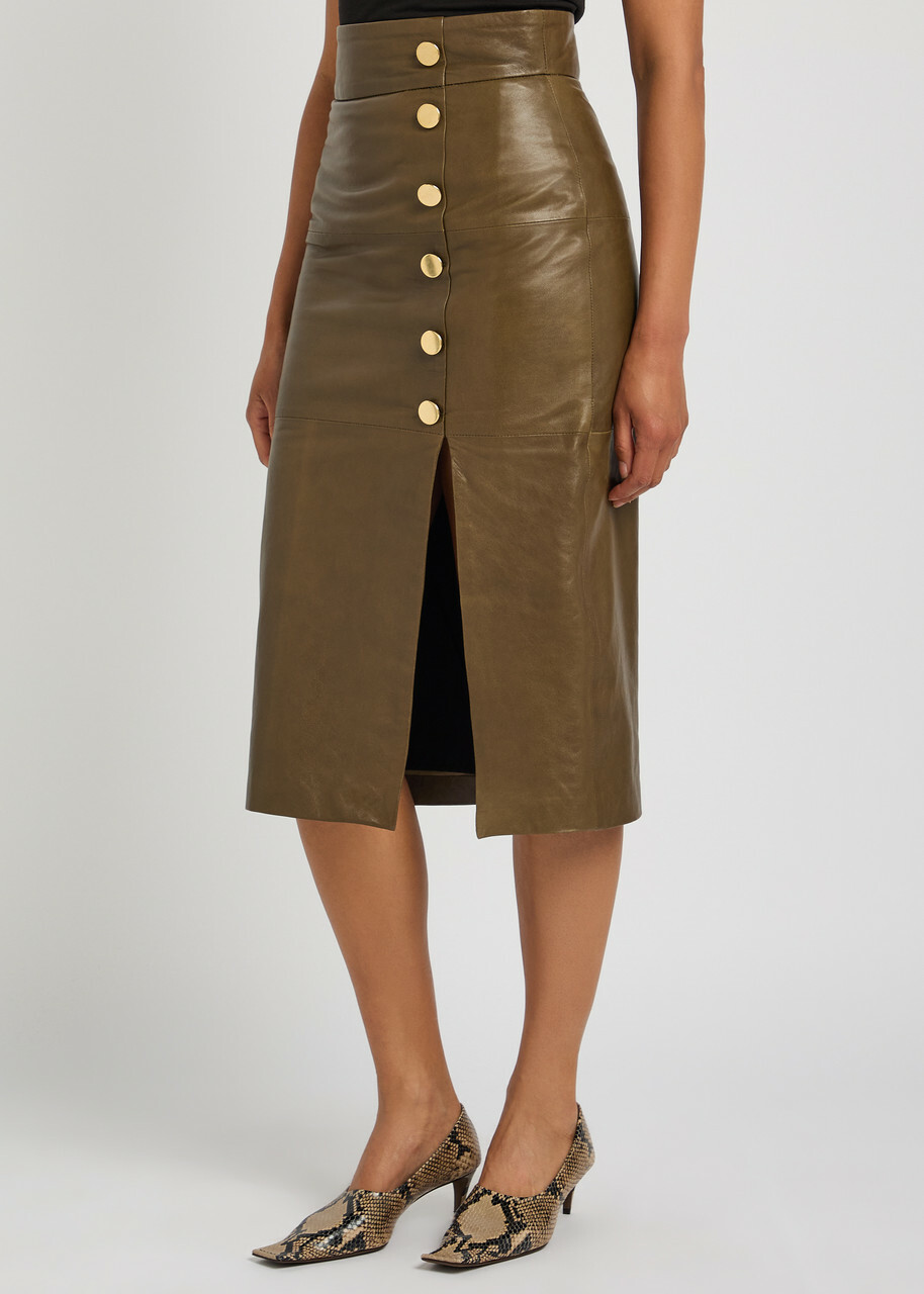 Skiim Lucy Leather Midi Skirt Khaki