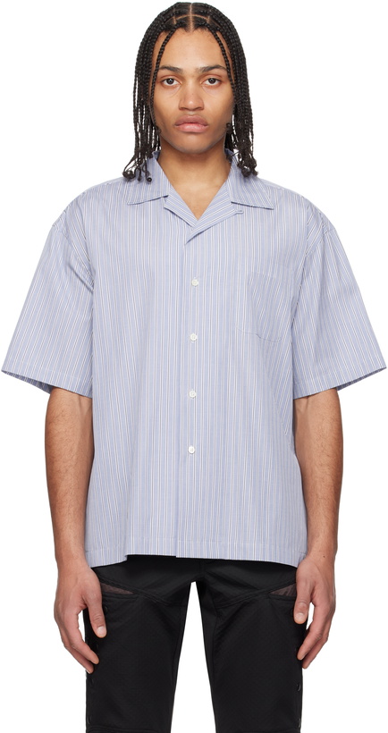 Photo: FUMITO GANRYU Blue Side Vents Op Collar Striped Shirt