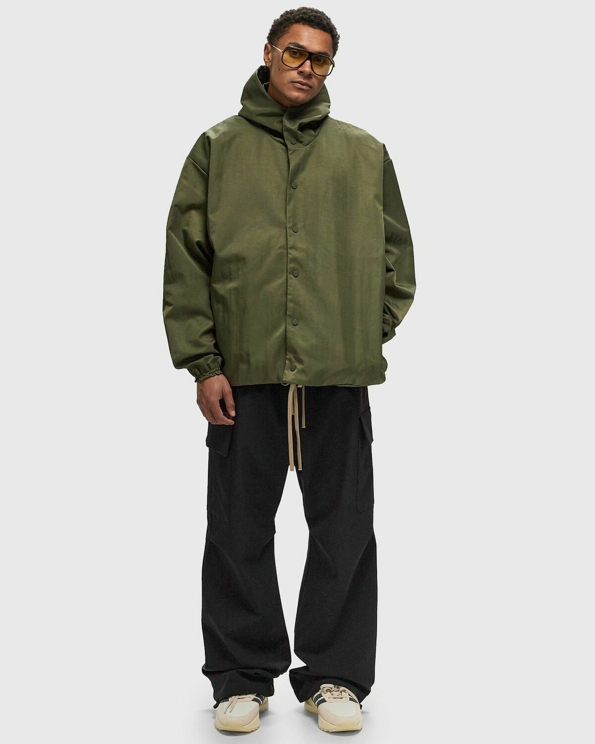 Fear Of God Essentials Textured Nylon Hooded Coaches Jacket Green Windbreaker Fear Of God Essentials