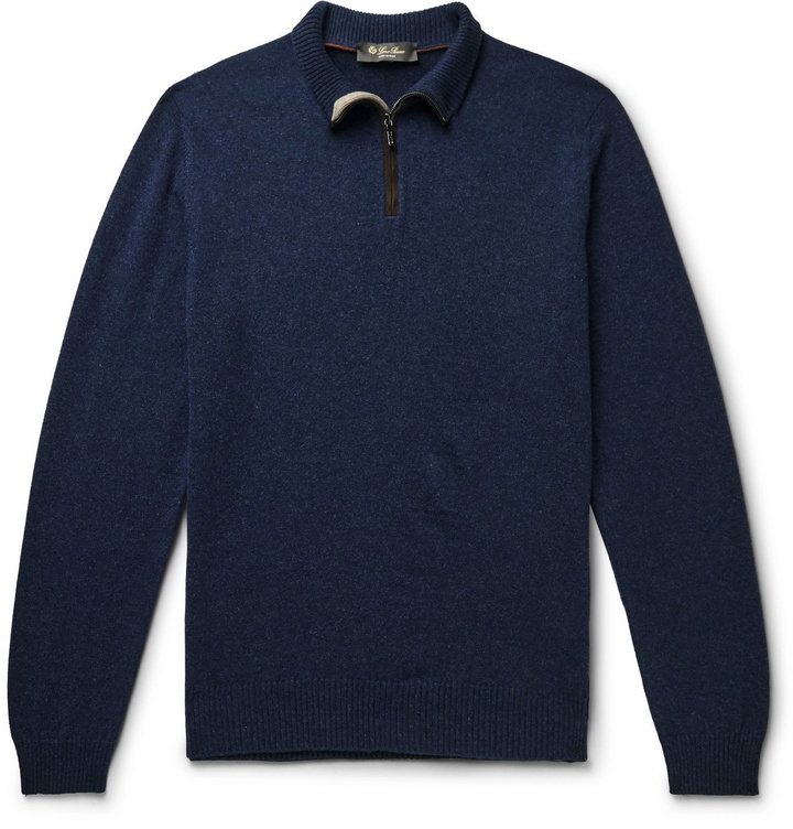 Photo: Loro Piana - Suede-Trimmed Cashmere Half-Zip Sweater - Blue