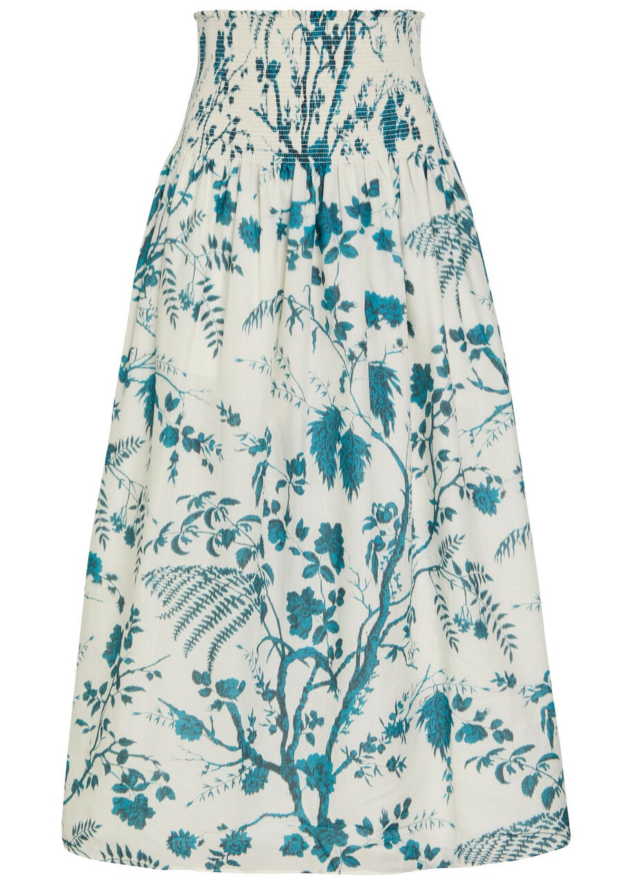 Erdem Floral-print Cotton and Linen-blend Midi Skirt Blue