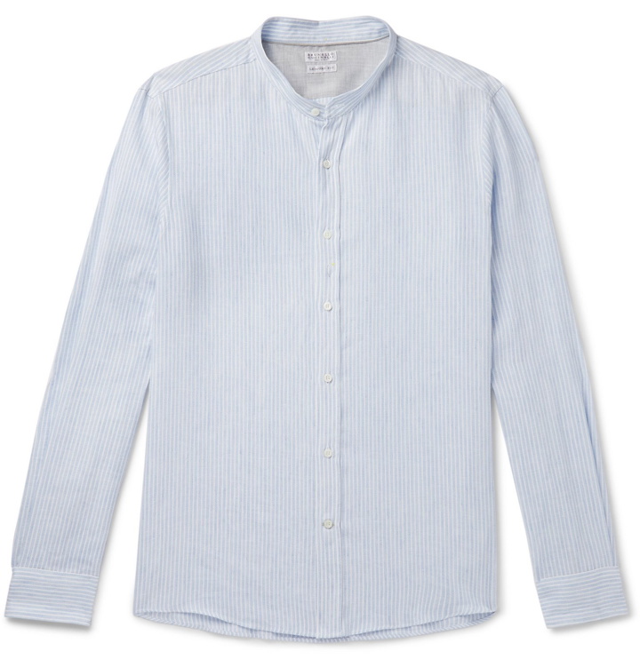 Photo: Brunello Cucinelli - Grandad-Collar Striped Linen and Cotton-Blend Gauze Shirt - Blue