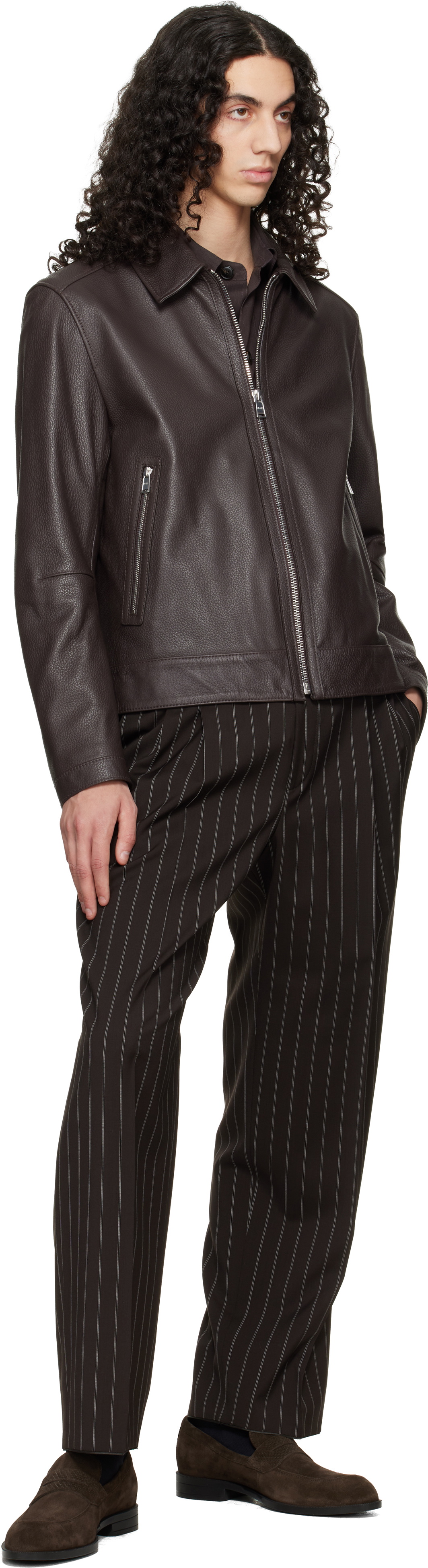 BOSS Brown Regular Fit Leather Jacket