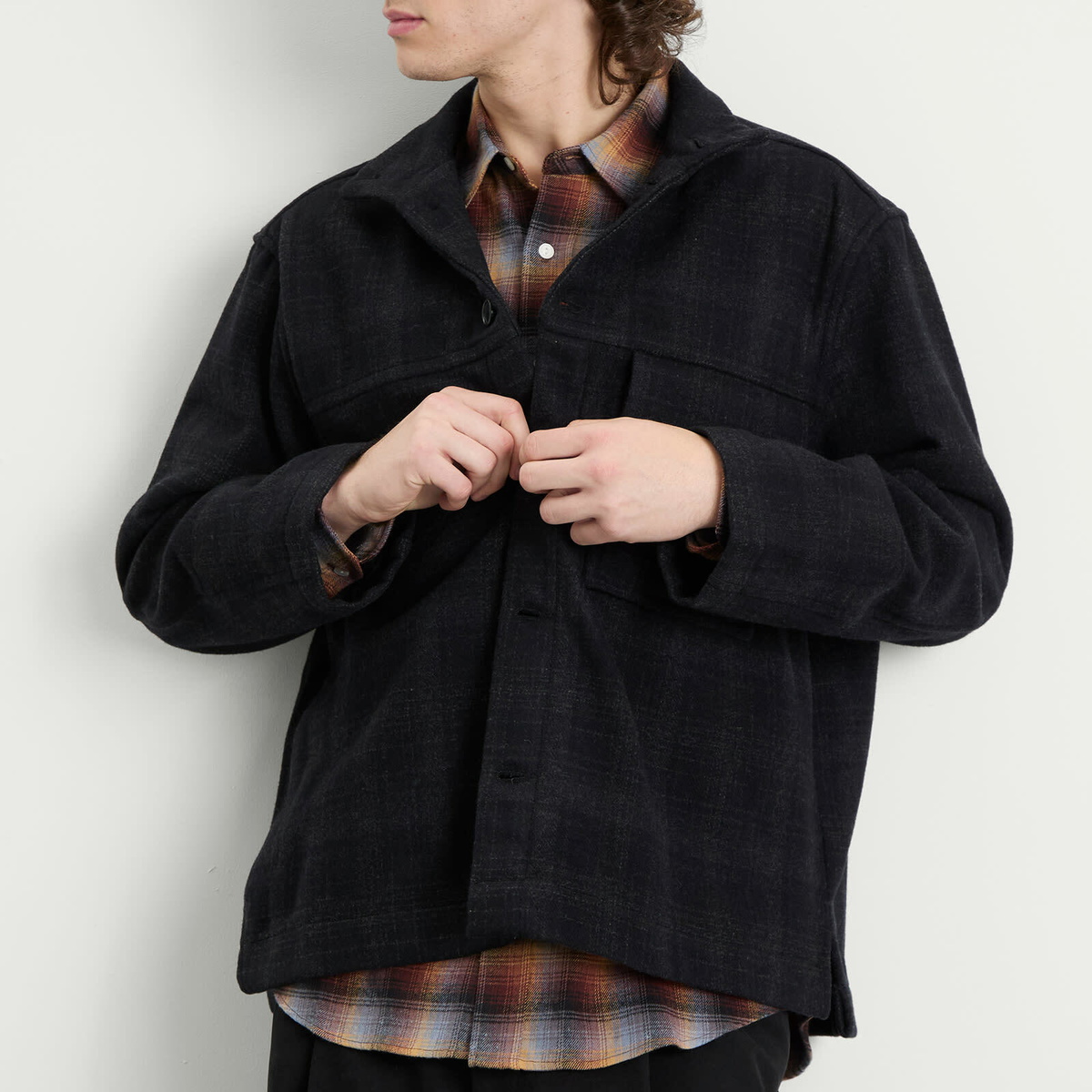 YMC Men's Cruiser Check Shirt Jacket in Black/Charcoal