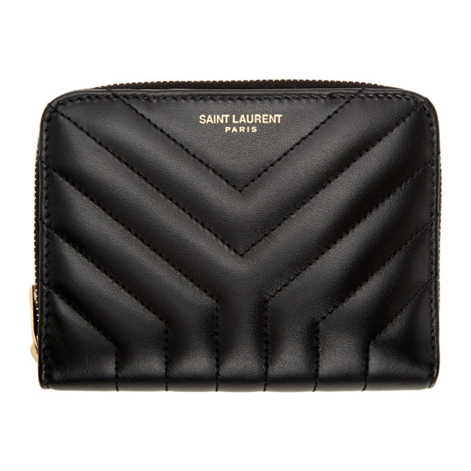 Saint Laurent Black Leather Cassandre Compact Zip Around Wallet