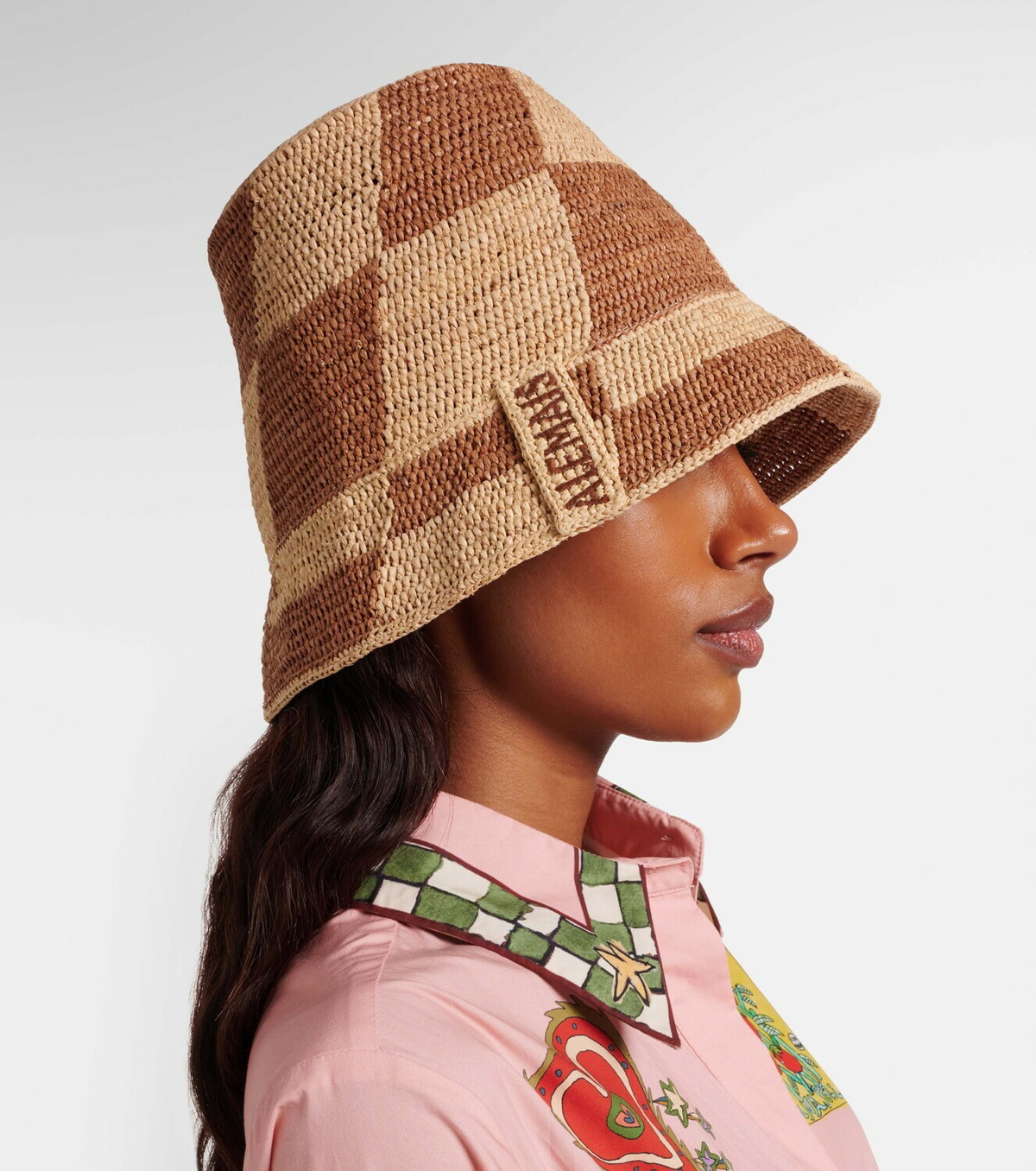 Alémais Checked raffia bucket hat
