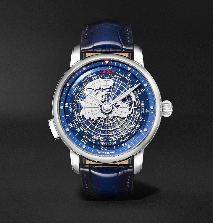 Photo: Montblanc - Star Legacy Orbis Terrarum Automatic 43mm Stainless Steel and Alligator Watch, Ref. No. 126108 - Blue