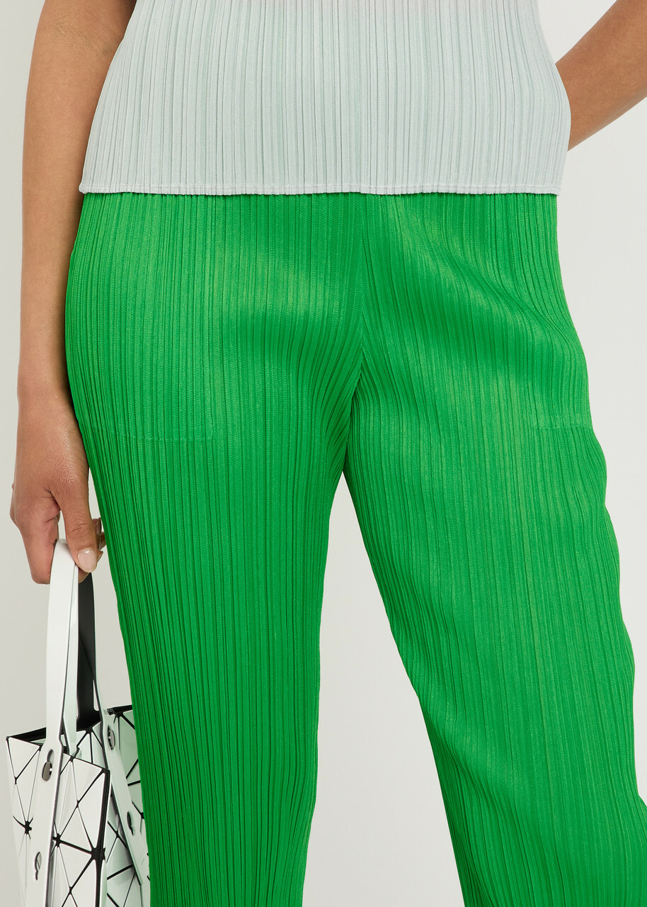 Pleats Please Issey Miyake Pleated Tapered-leg Woven Trousers Green