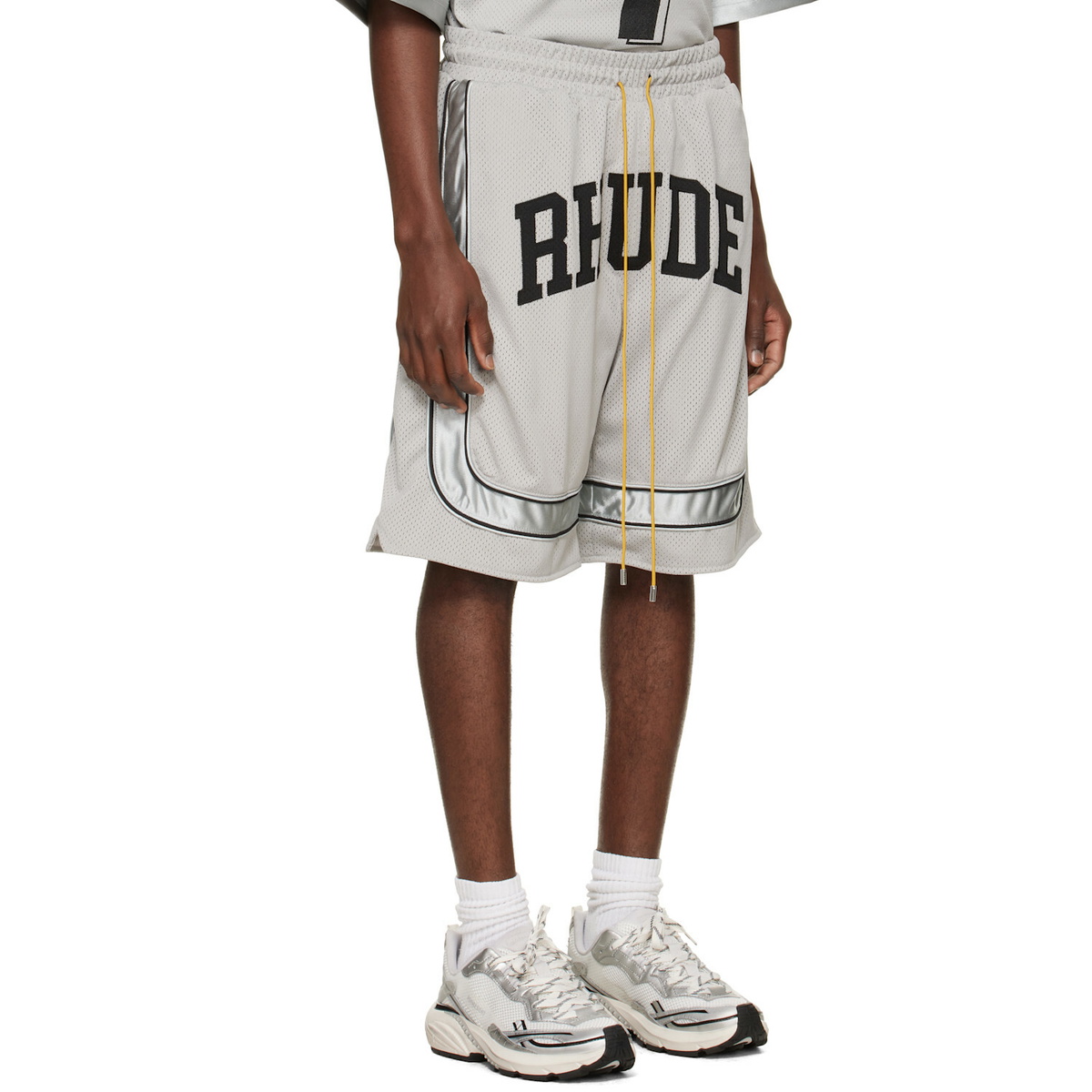Rhude Gray Baggy Mesh Collegiate Logo Shorts