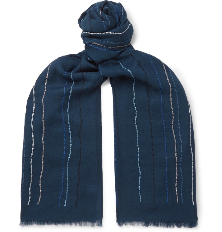 Photo: Paul Smith - Fringed Embroidered Wool-Twill Scarf - Blue