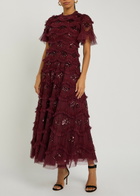 Needle & Thread Daisy Wave Ruffled Sequin-embellished Tulle Gown Burgundy