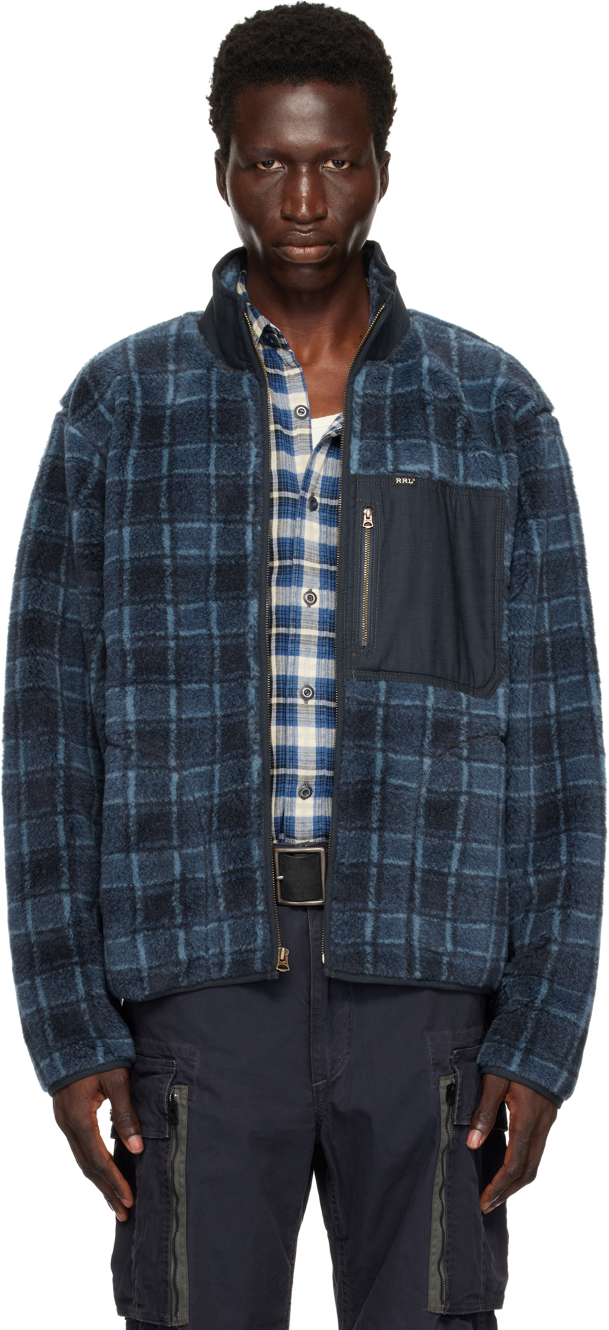 RRL Navy Plaid Wool-Blend Pile Fleece Jacket RRL